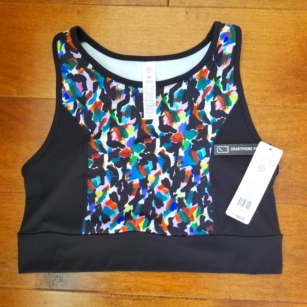 Nanette Lepore Cutout-Back Sports Bra Black with multicolor. Sz 1x